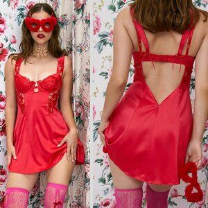 New! For Love & Lemons FLAWED Red Romantic Roses Slip Dress 10972